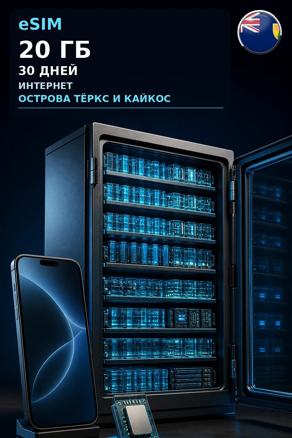 eSIM Острова Тёркс и Кайкос — 20 ГБ, 30 дней — интернет