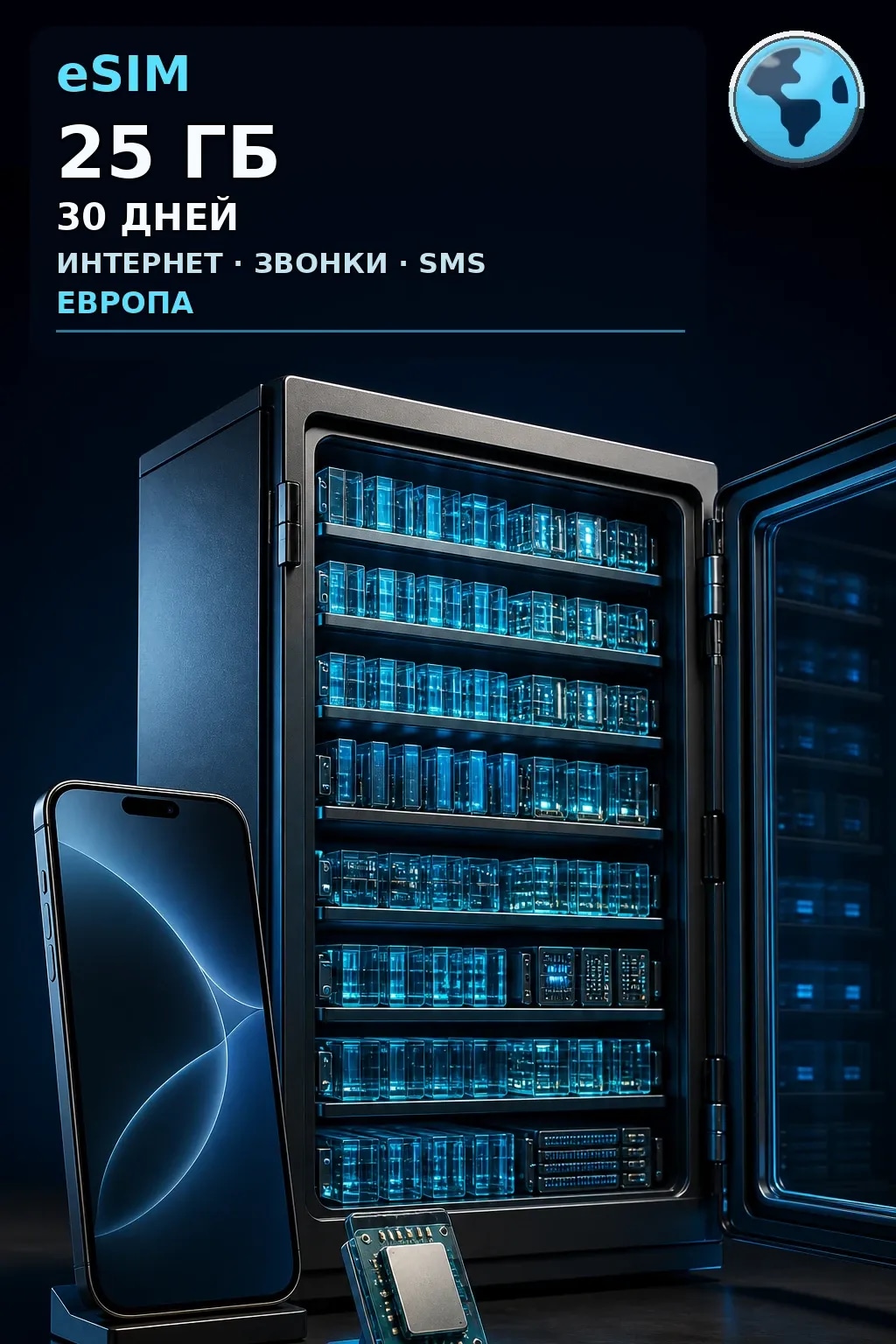 eSIM Европа — 25 ГБ, 30 дней — интернет, звонки и SMS